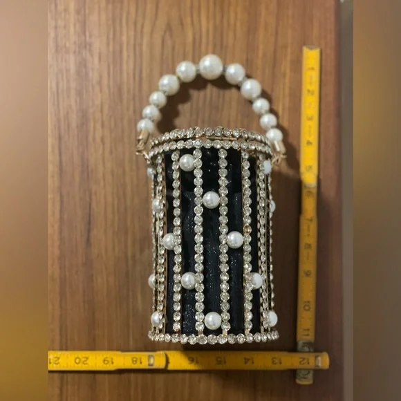 Metallic Cage Evening Bag with Pearls & Rhinestones Bucket Clutch Purse - Picture 7 of 14